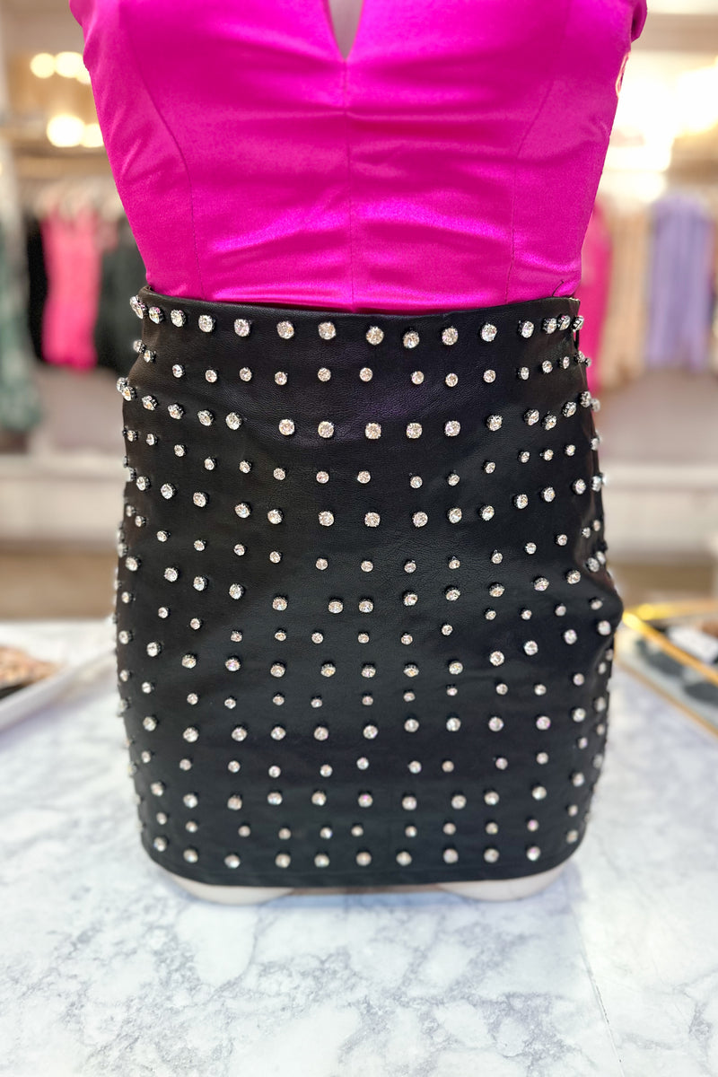 Black Faux Leather Rhinestone Mini Skirt