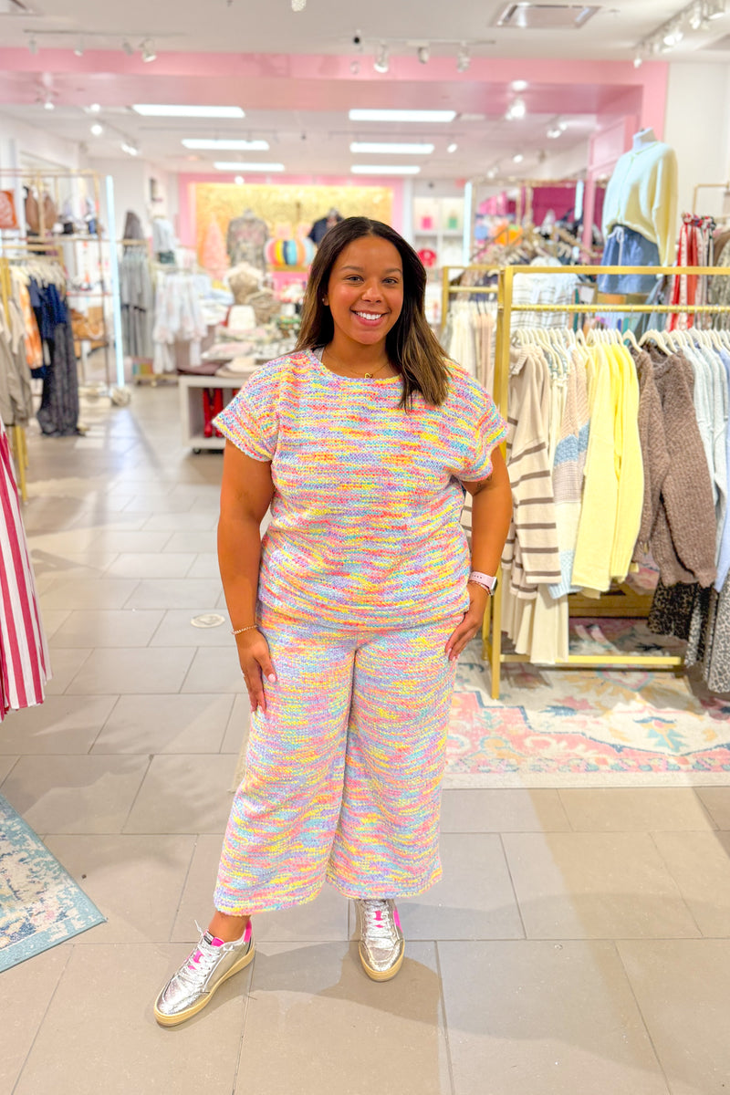 Multi Color Boucle Short Sleeve Top and Pants Set