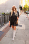 Black Rhinestone Satin Shirt Dress