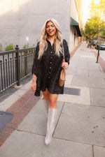Black Rhinestone Satin Shirt Dress