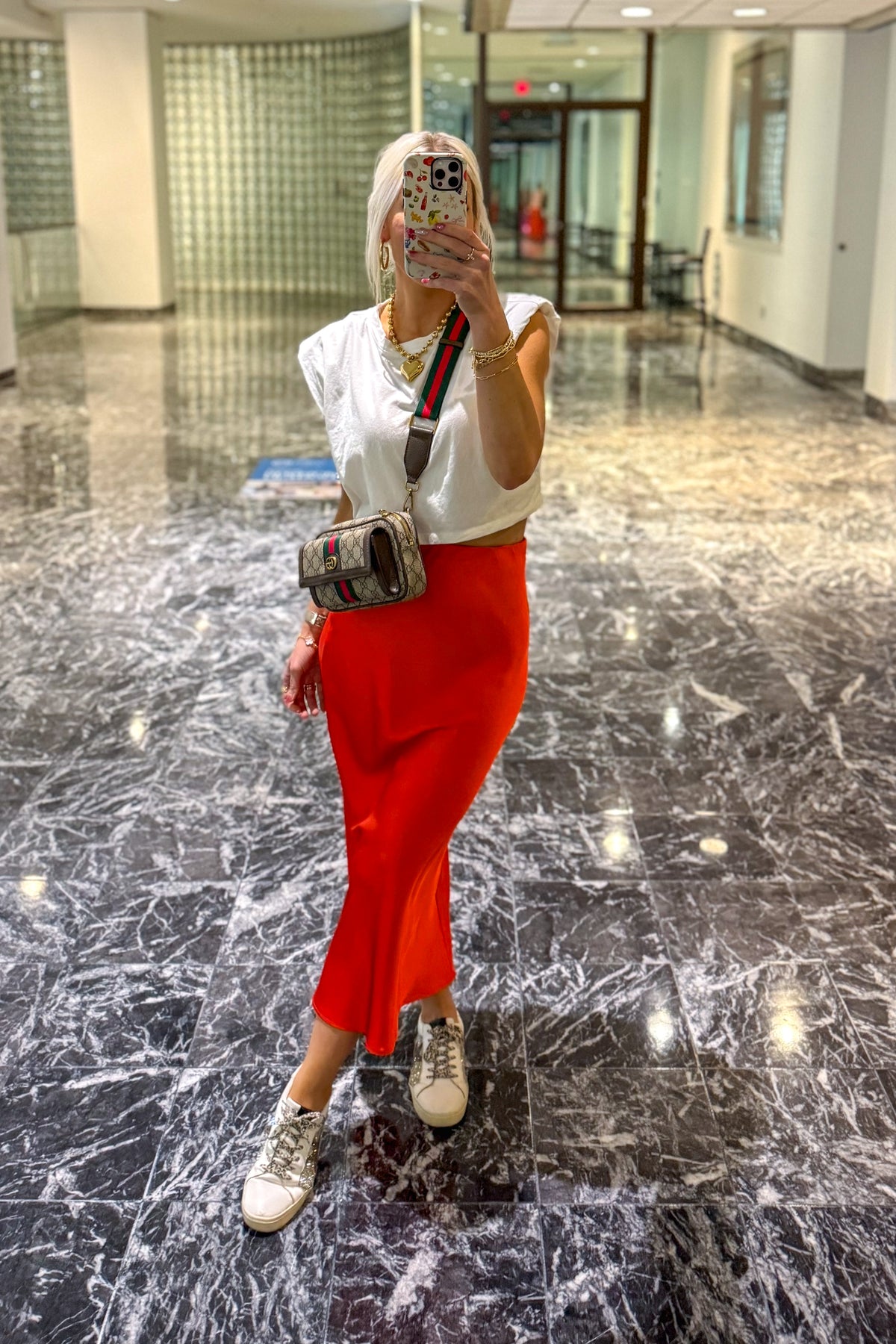 Tomato Red Satin Midi Skirt