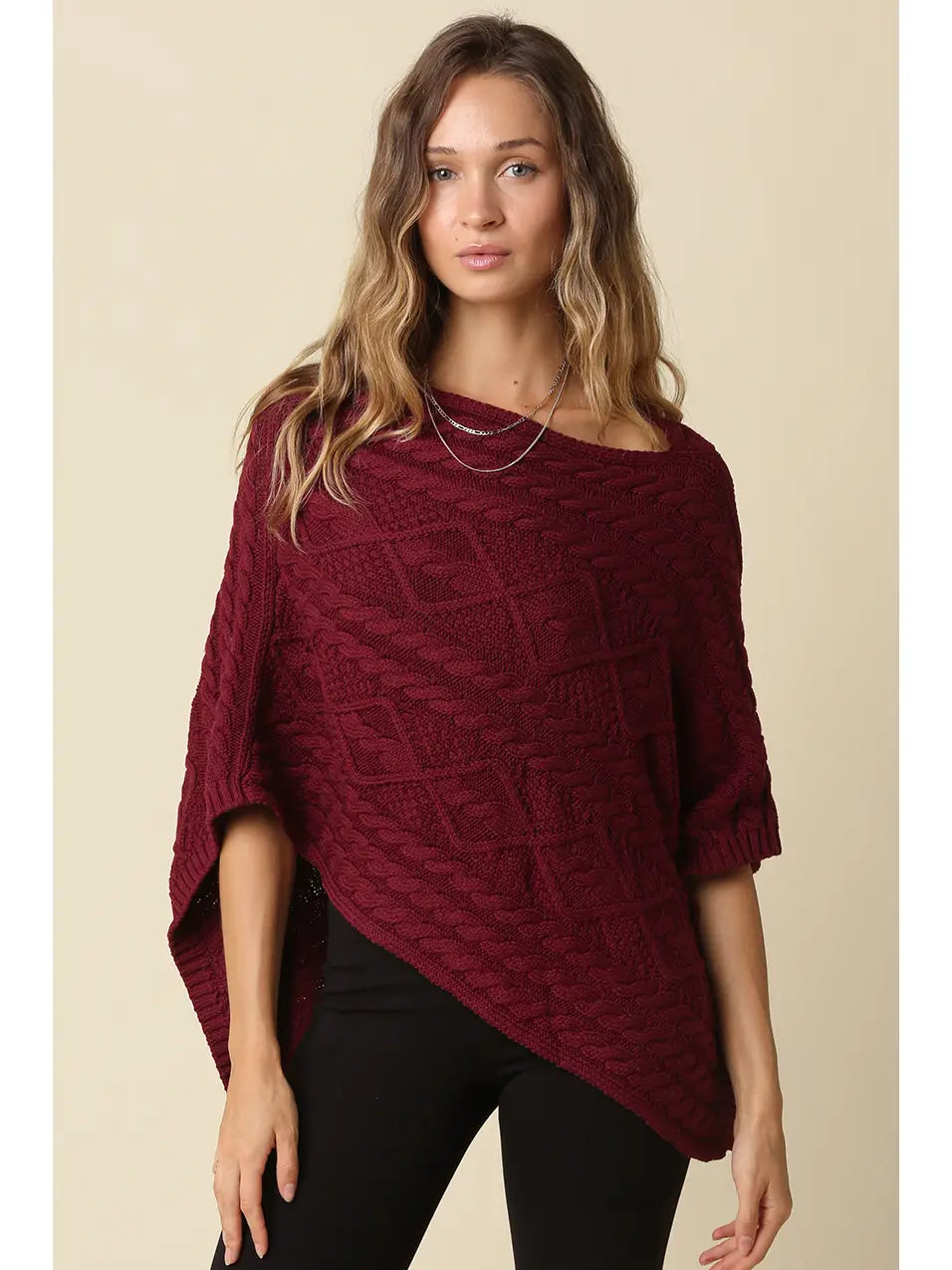 Burgundy Asymmetrical Cable Knit Poncho Top