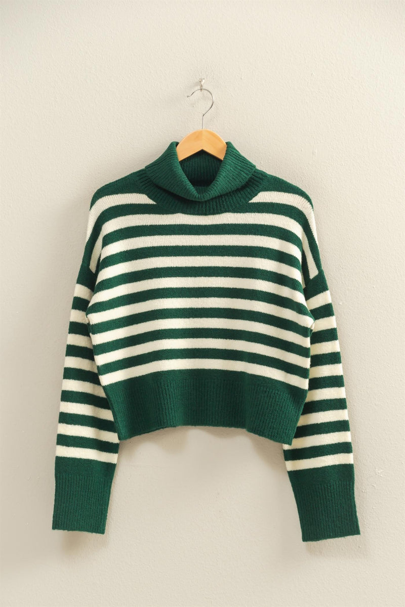 Green and Cream Striped Mock Neck Sweater