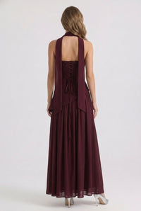 Burgundy Red Scarf Detail Sheer Hem Maxi Dress