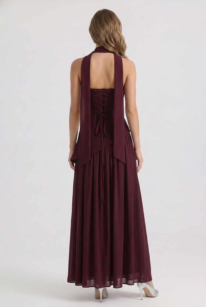 Burgundy Red Scarf Detail Sheer Hem Maxi Dress