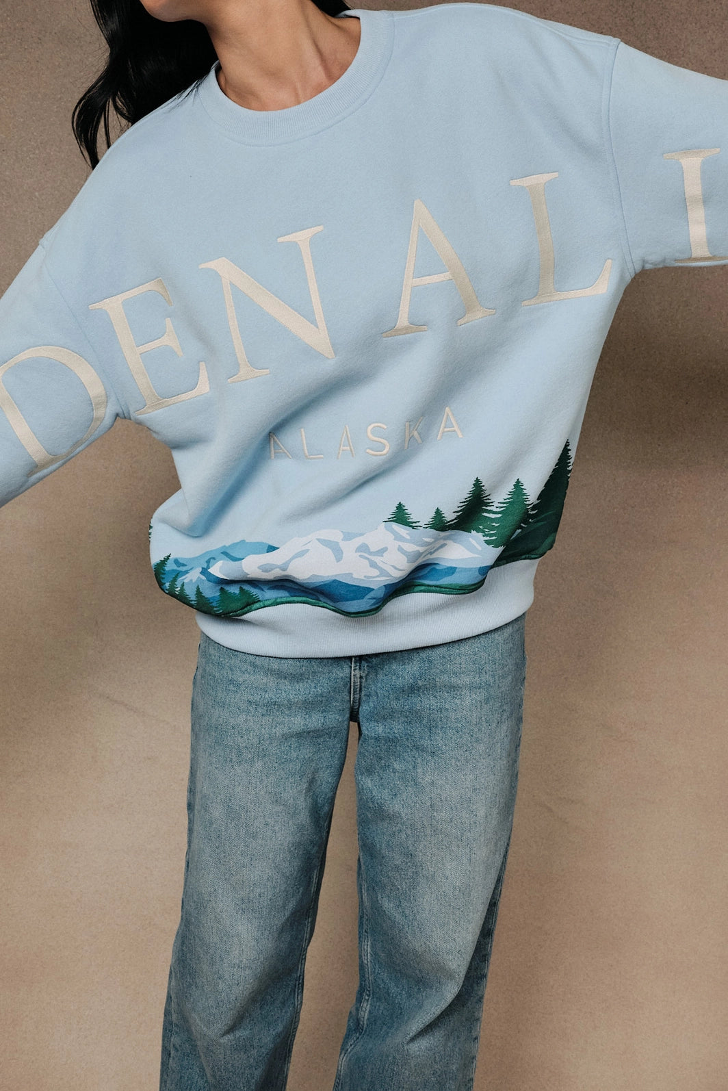 Light Blue Denali Alaska Embroidered Landscape Sweatshirt