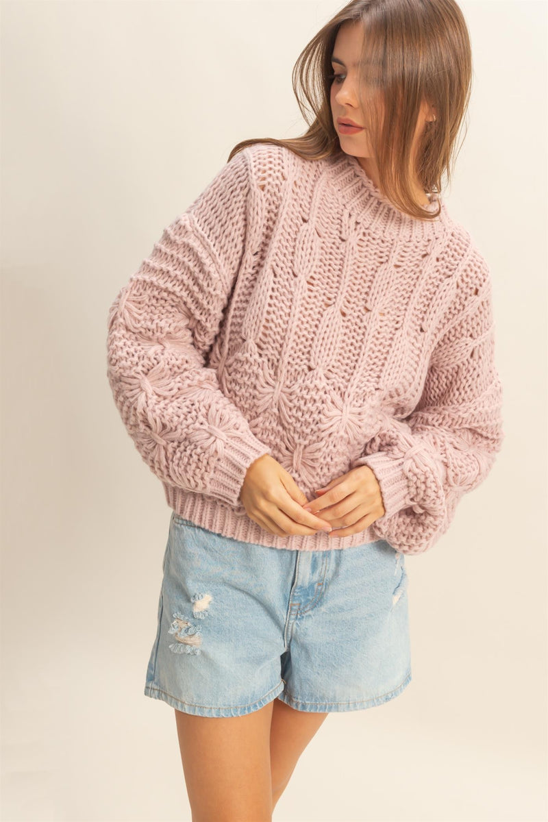Rose Pink Chunky Cable Knit Sweater