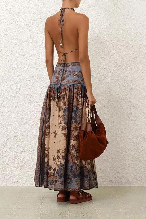 Boho Paisley Plunge Cutout Maxi Dress
