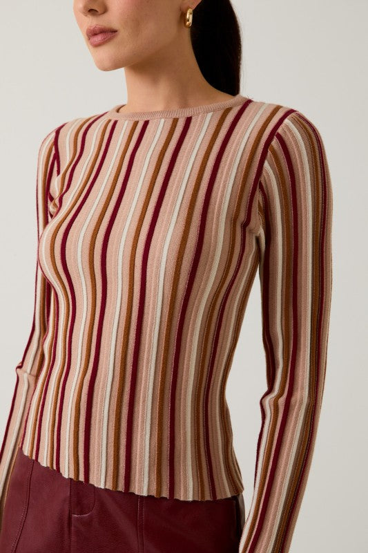 Mocha Striped Round Neck Sweater