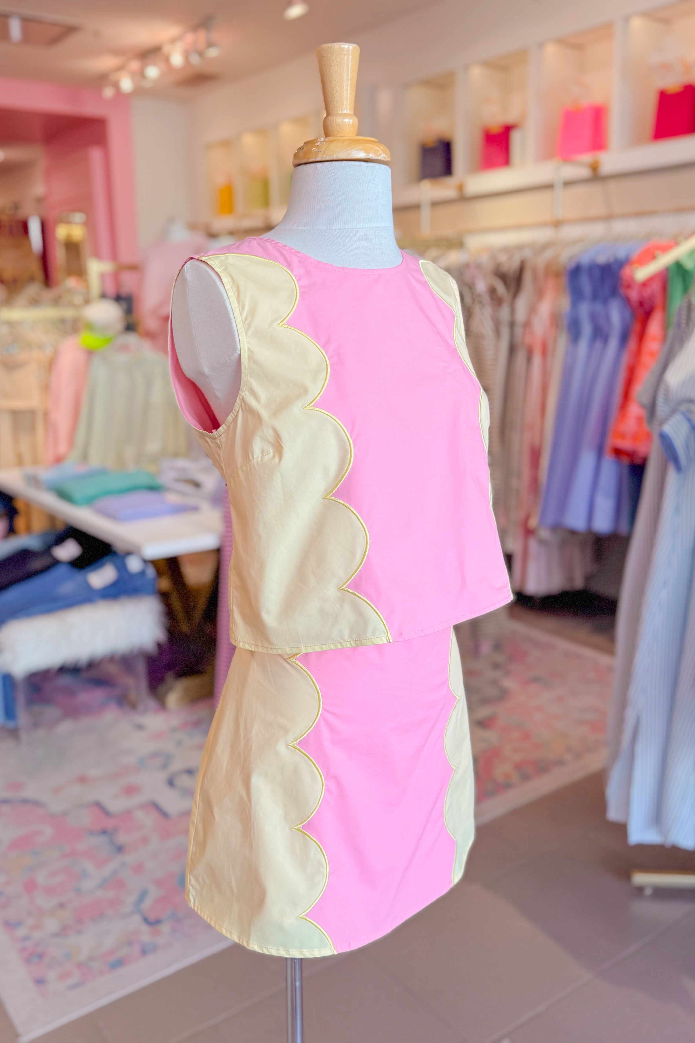 Pink and Yellow Scallop Detail Mini Skirt Set - Kendry Collection Boutique