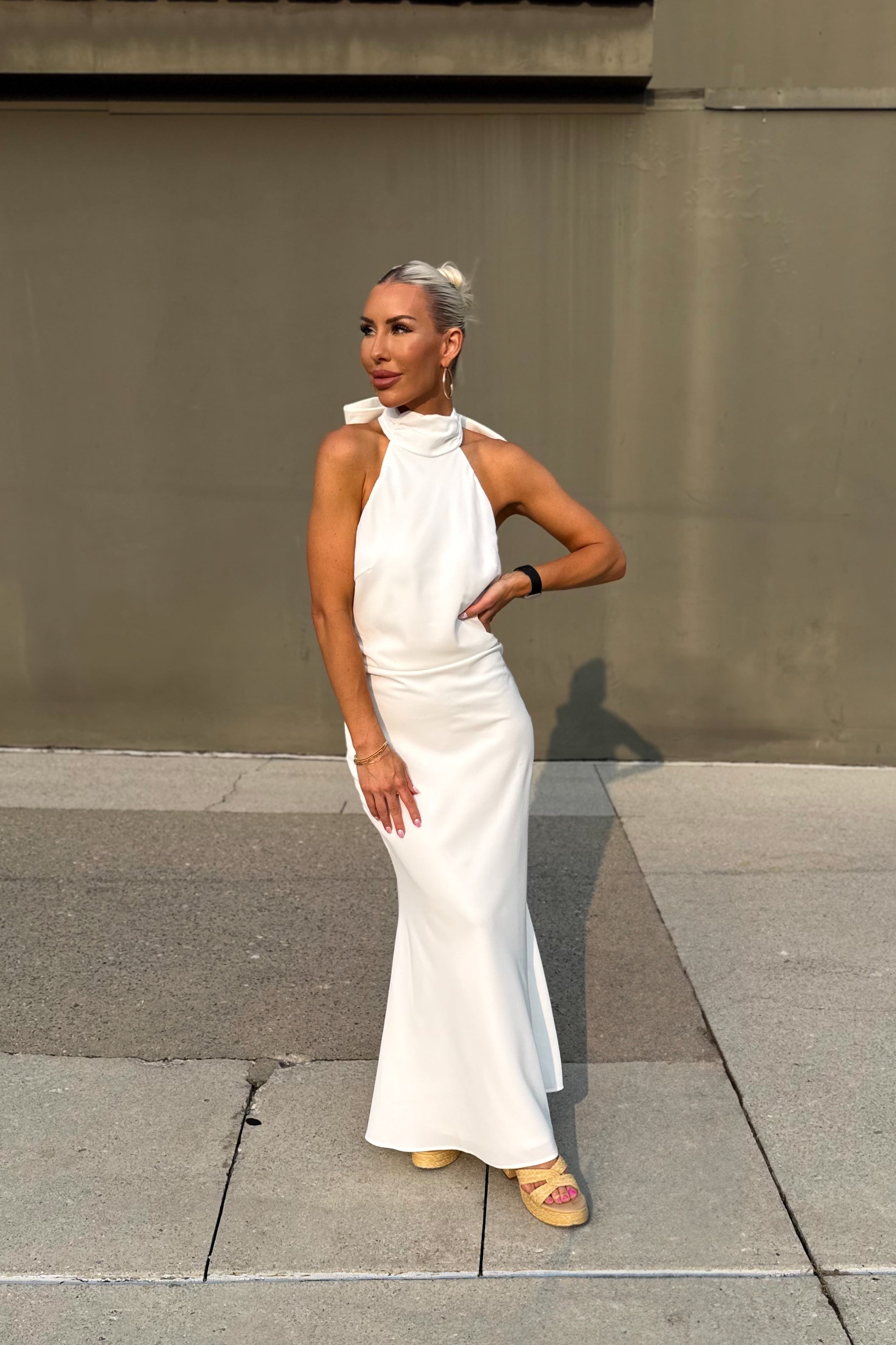 white mock neck dress White Bow Detail Maxi Dress | Bride Dress