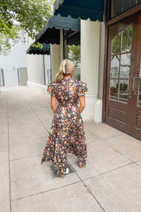 Brown Multi Color Floral Puff Sleeve Maxi Dress