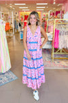 Pink and Blue Floral Tie Sleeve Tiered Ruffle Maxi Dress