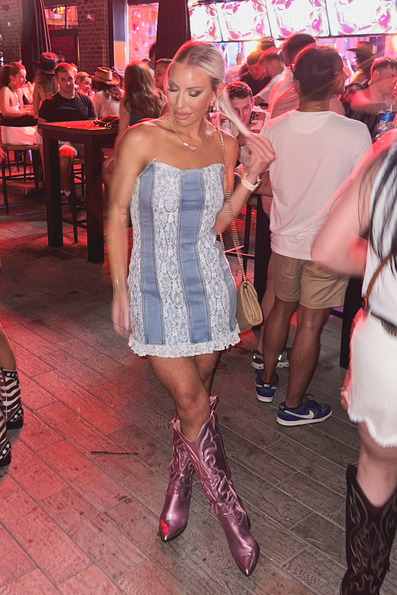 Denim Lace Strapless Mini Dress