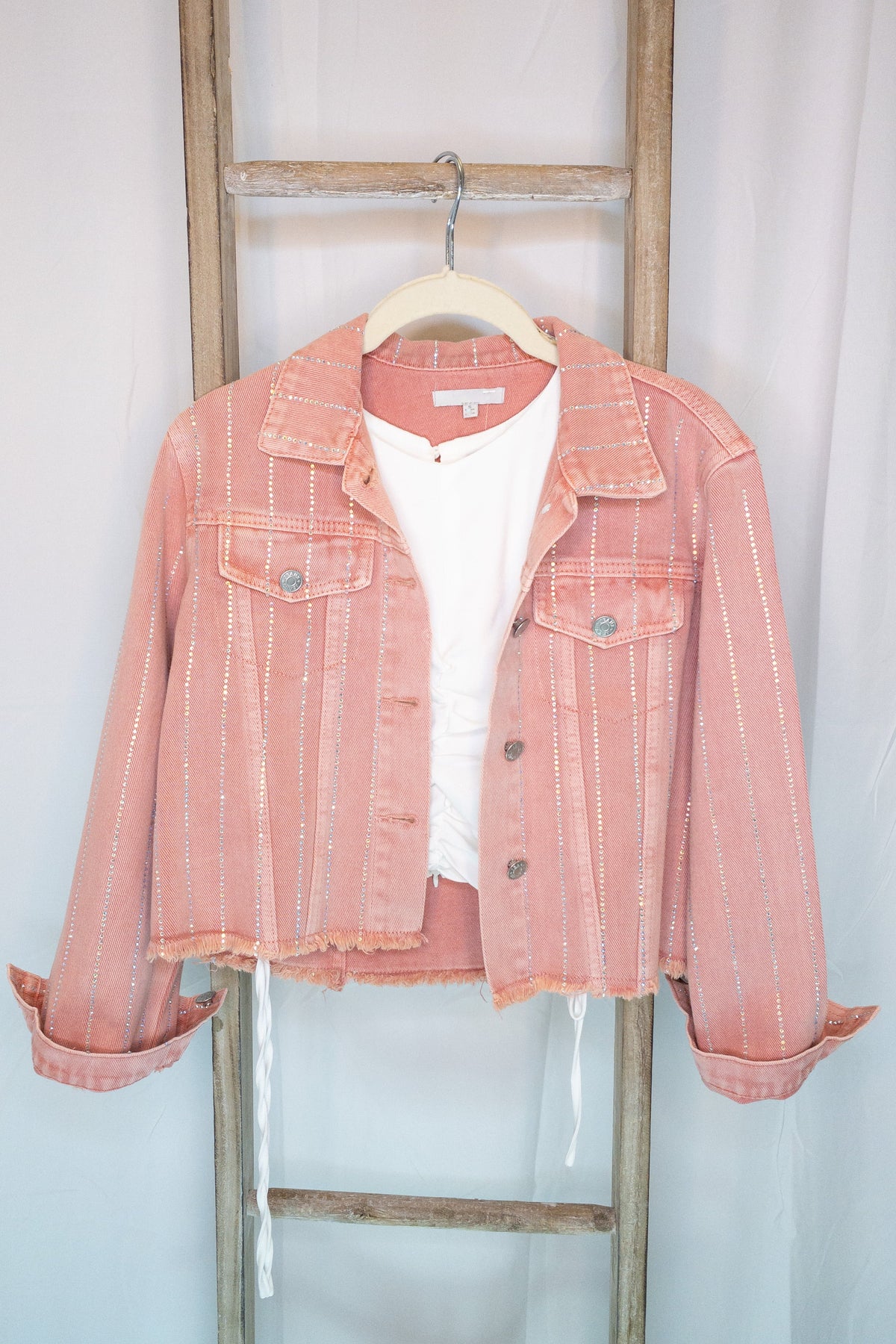  Pink Kyler Rhinestone Raw Hem Denim Jacket