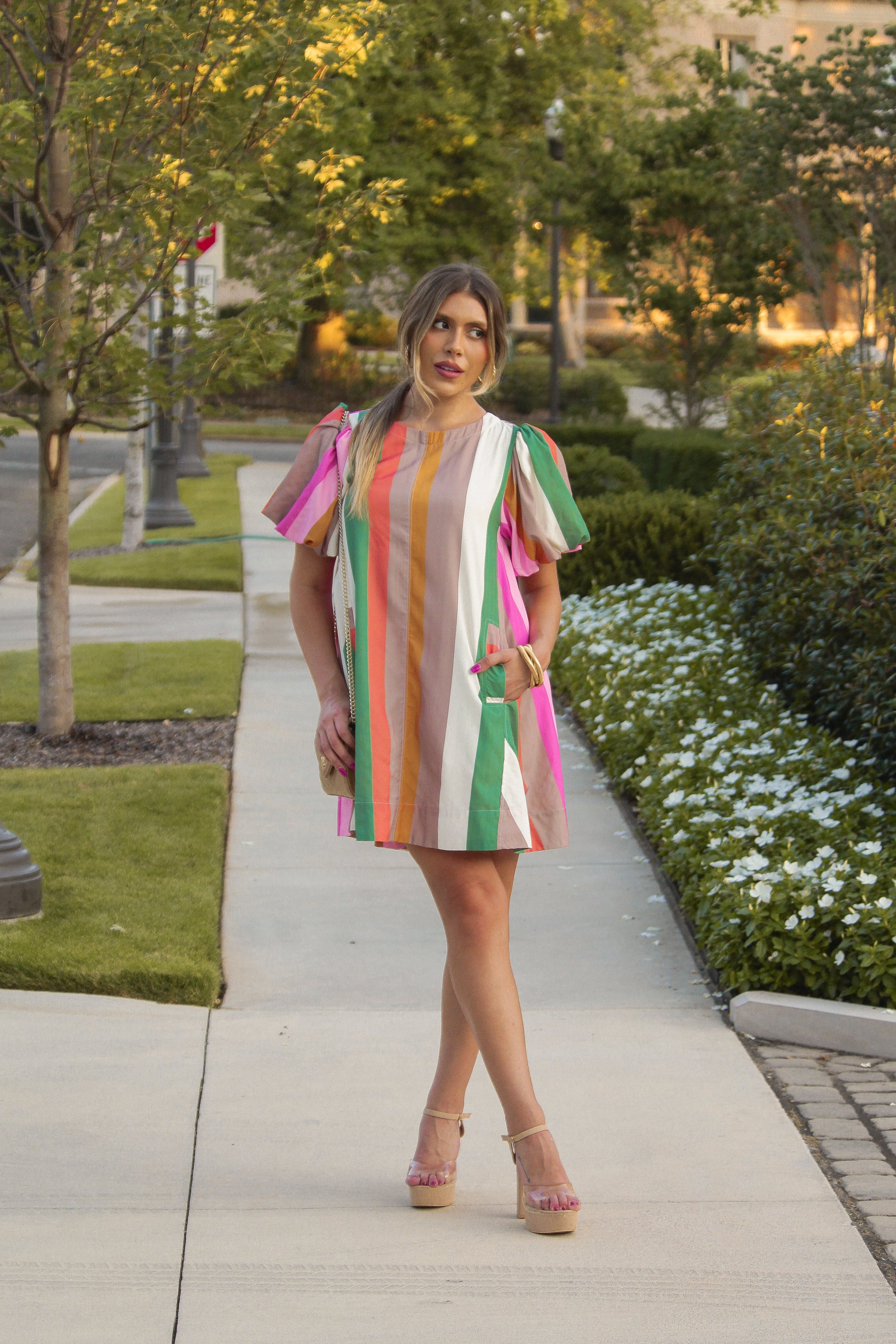 stripe short sleeve dress Mixed Stripes Short-Sleeve Bow Mini Dress