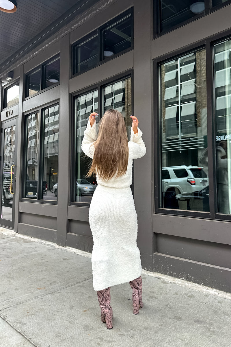Cream Soft Knit Crop Top and Midi Skirt Set