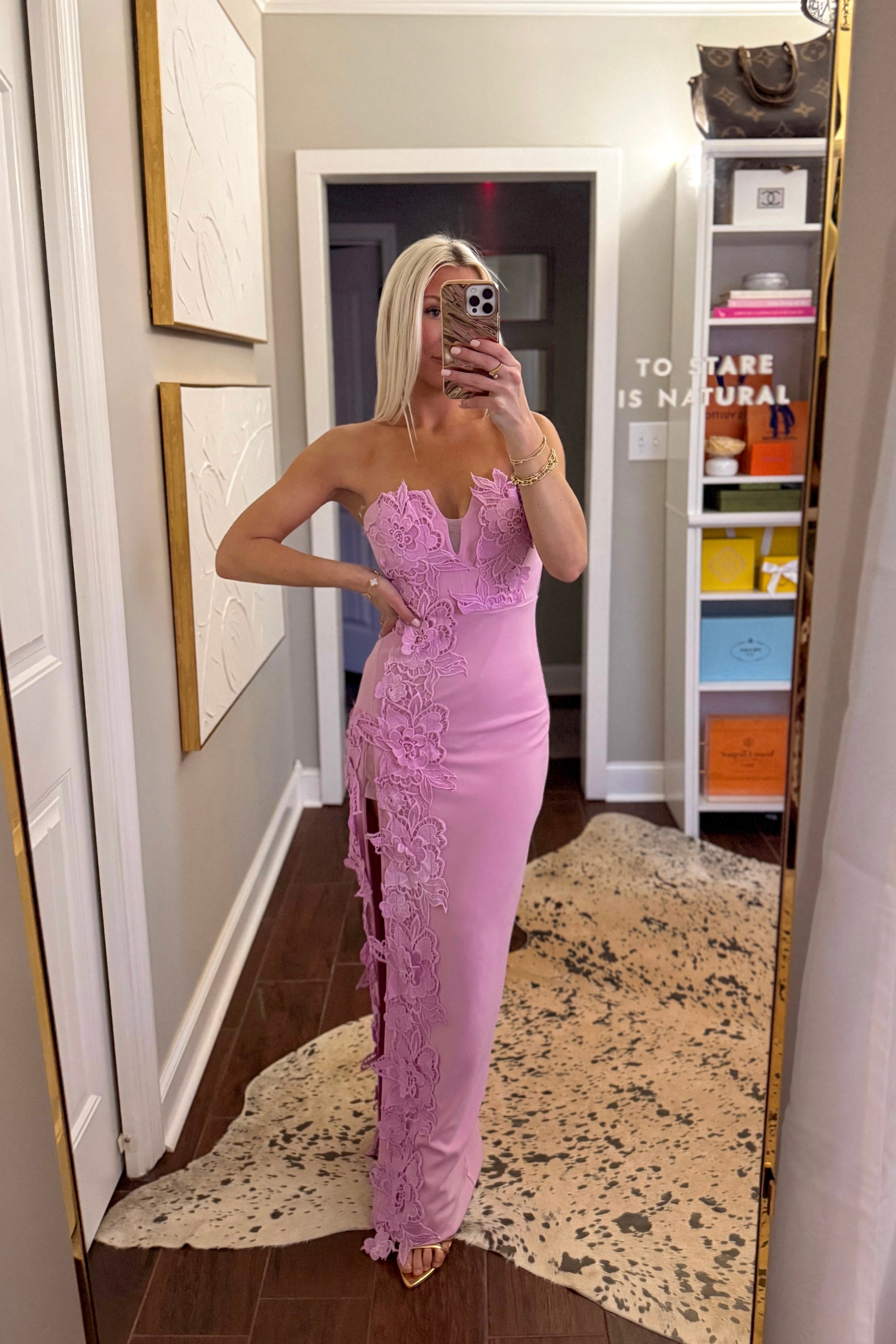 Floral Appliqué Maxi Dress With Slit - Pink