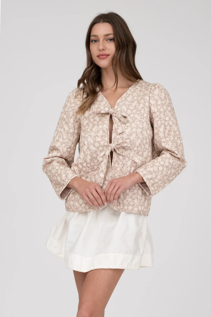 Taupe Floral Front Tie Quilted Jacket