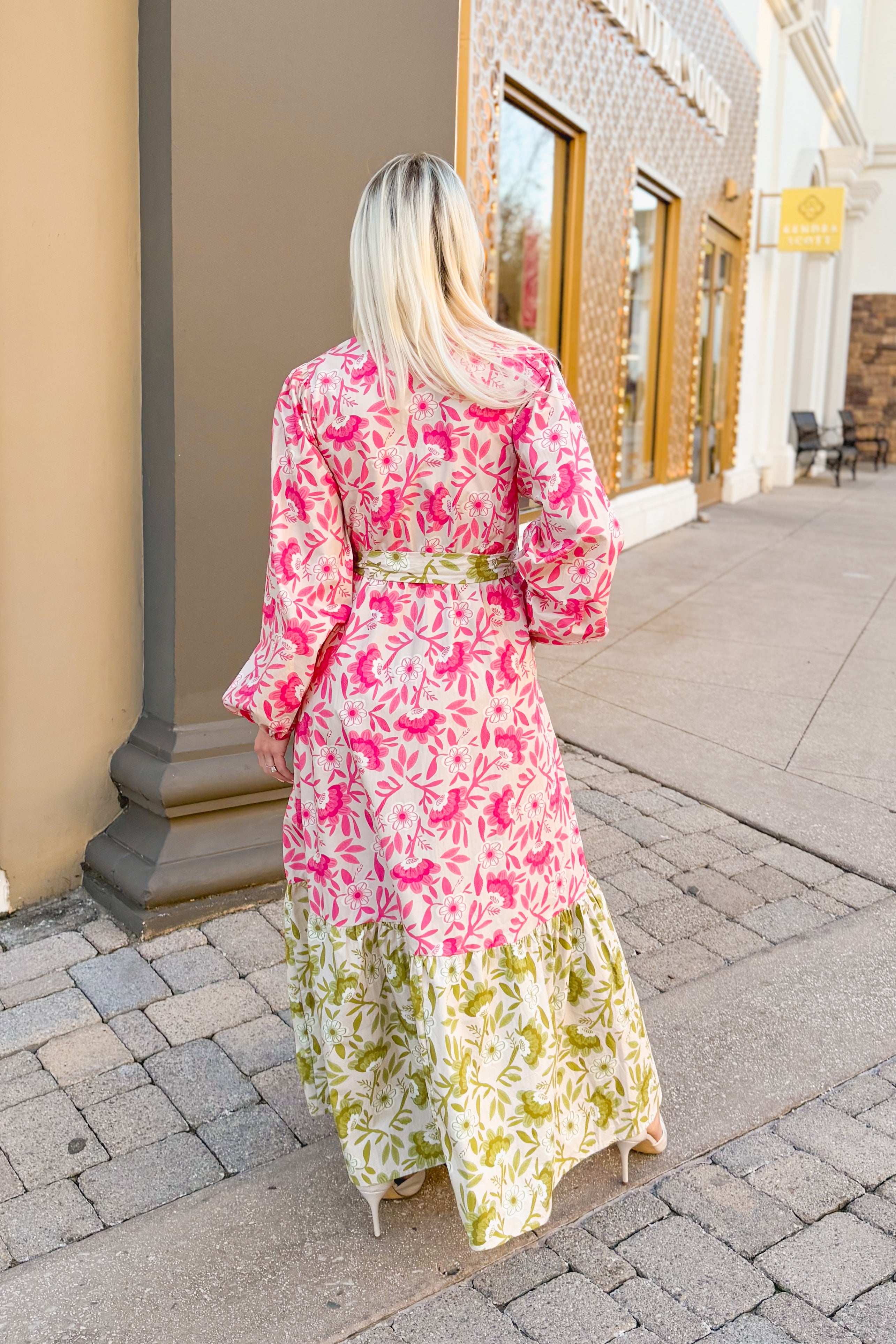 Pink and Green Floral Long Sleeve Maxi Dress - Kendry Collection