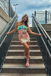 Multi Color Floral Jacquard Cut Out Rosette Mini Dress
