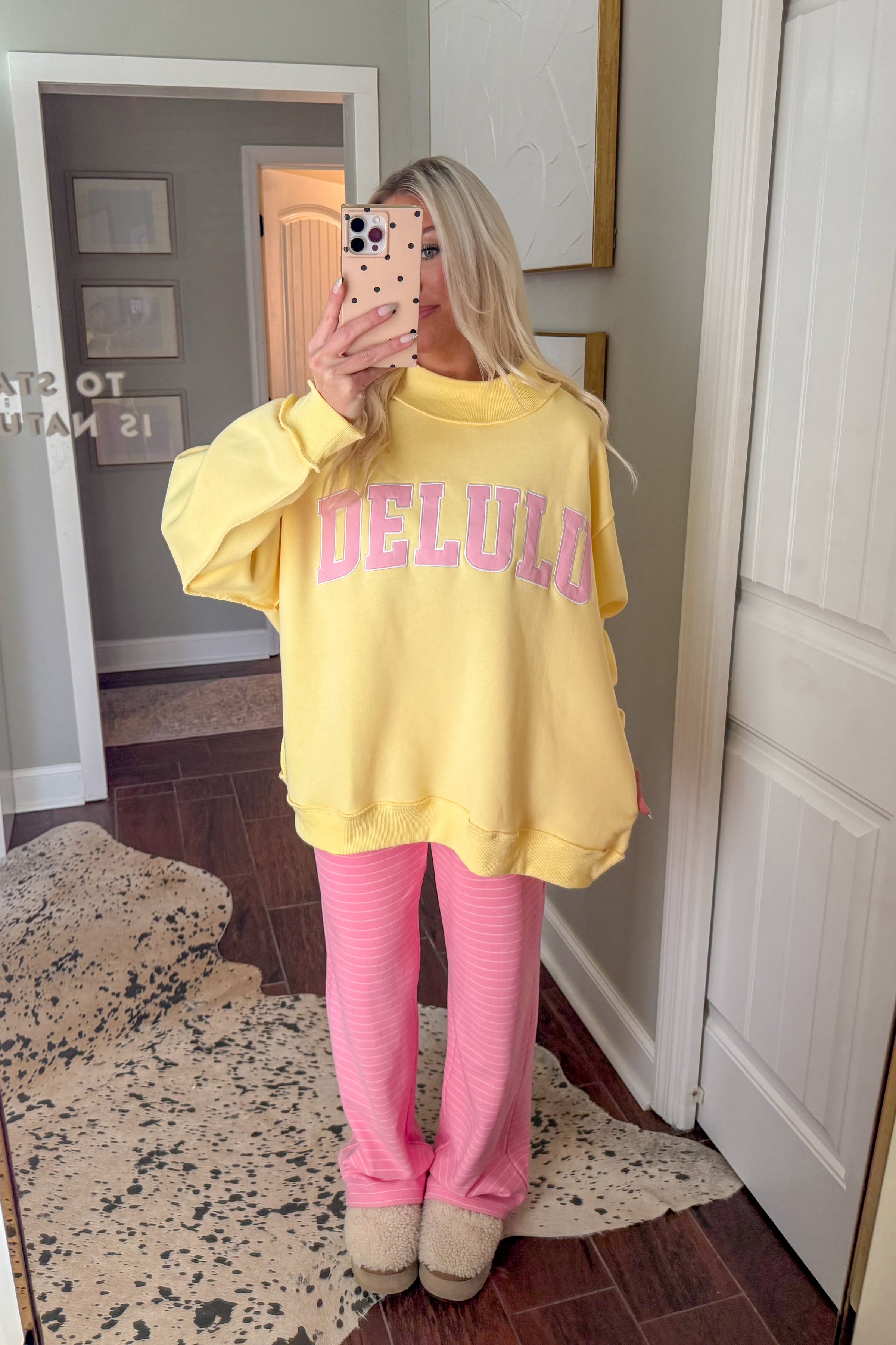 Butter Yellow Delulu Embroidered Mock Neck Sweatshirt