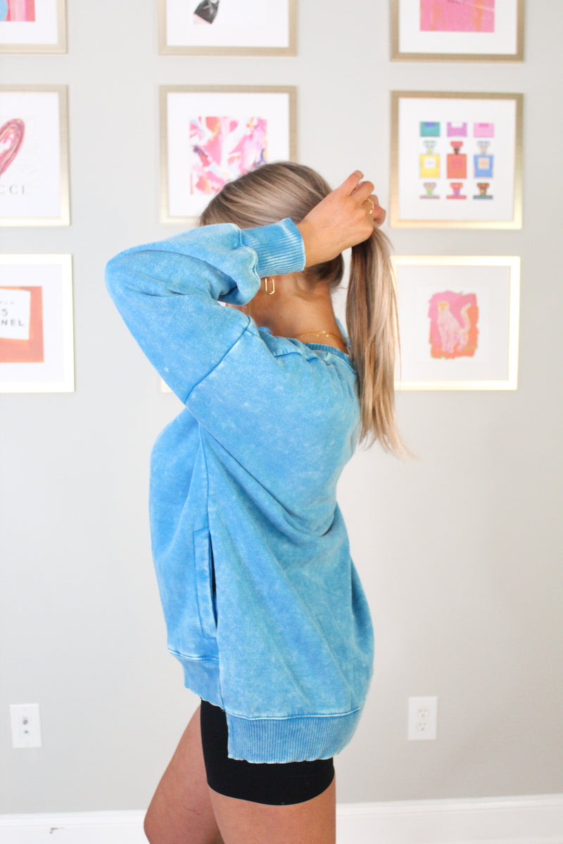 Blue High Low Acid Wash Fleece Sweatshirt - Shop Kendry Collection Boutique 