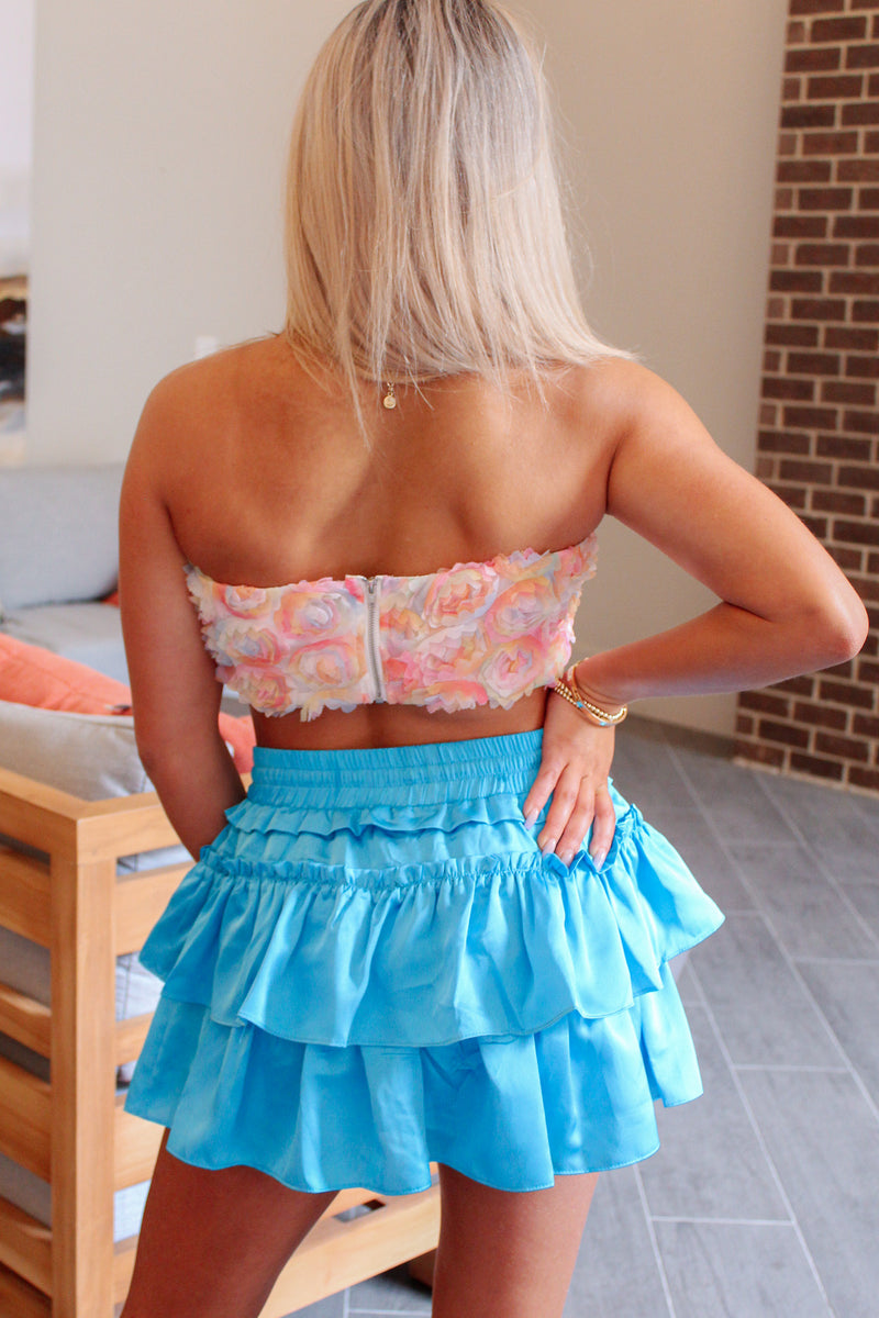 Blue Satin Ruffle Detail Mini Skirt