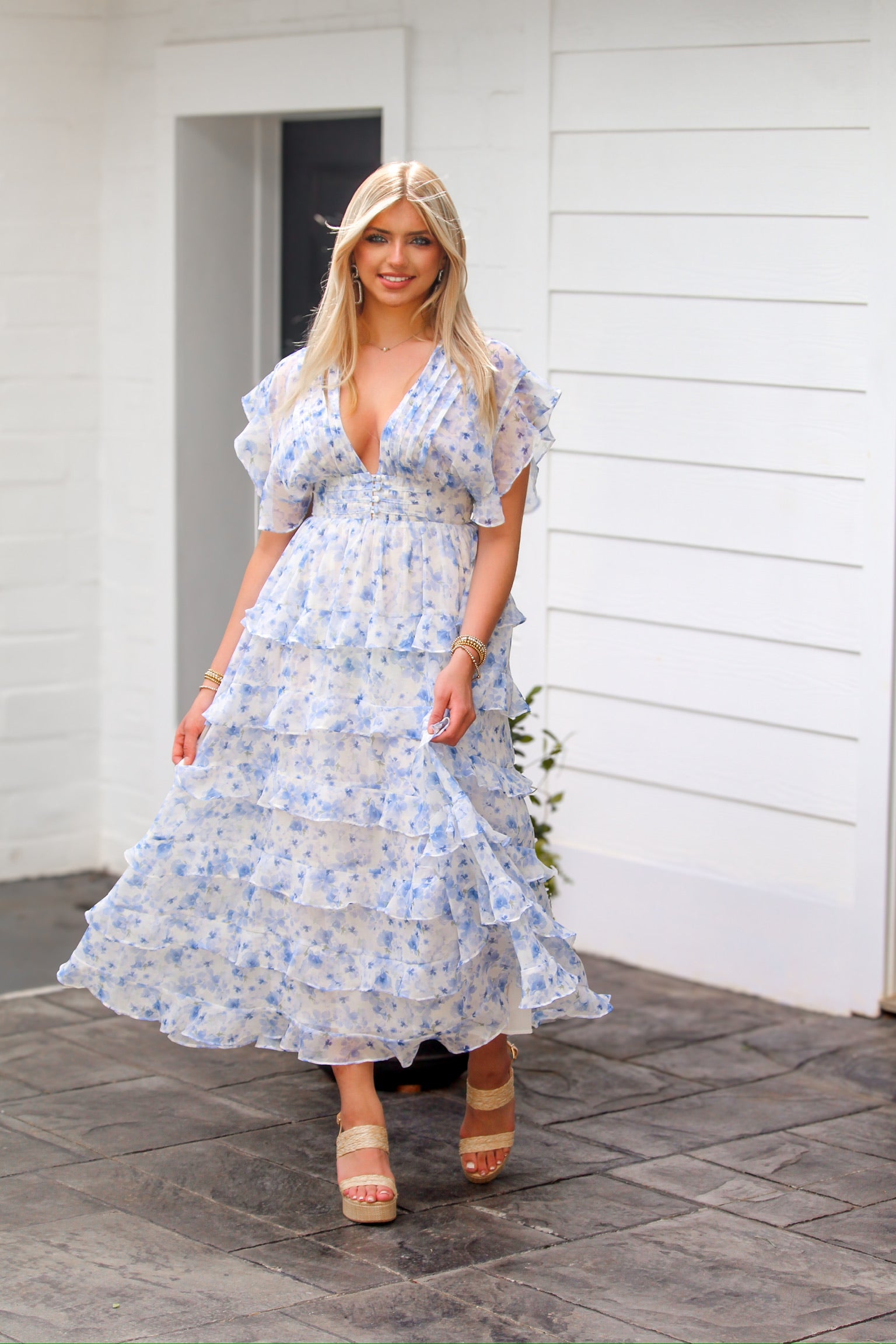Blue and White Floral Ruffle Midi Dress Blue and White Floral Ruffle Midi Dress