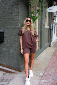 Brown V-Neck Tee And Biker Short Set