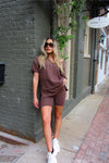 Brown V-Neck Tee And Biker Short Set