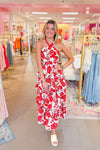 Red and Brown Floral Tiered Ruffle Maxi Dress