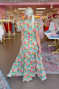 Multi Color Floral Puff Sleeve Maxi Dress