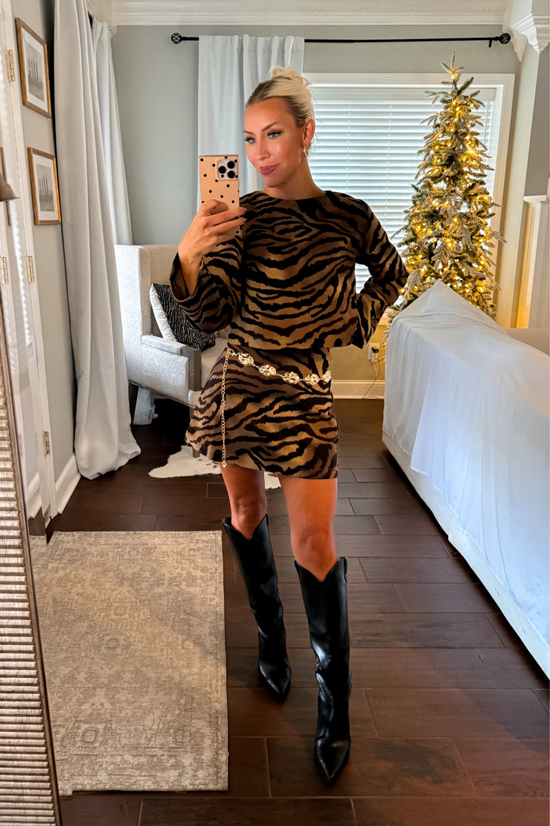 Brown Animal Print Suede Mini Skirt and Top Set