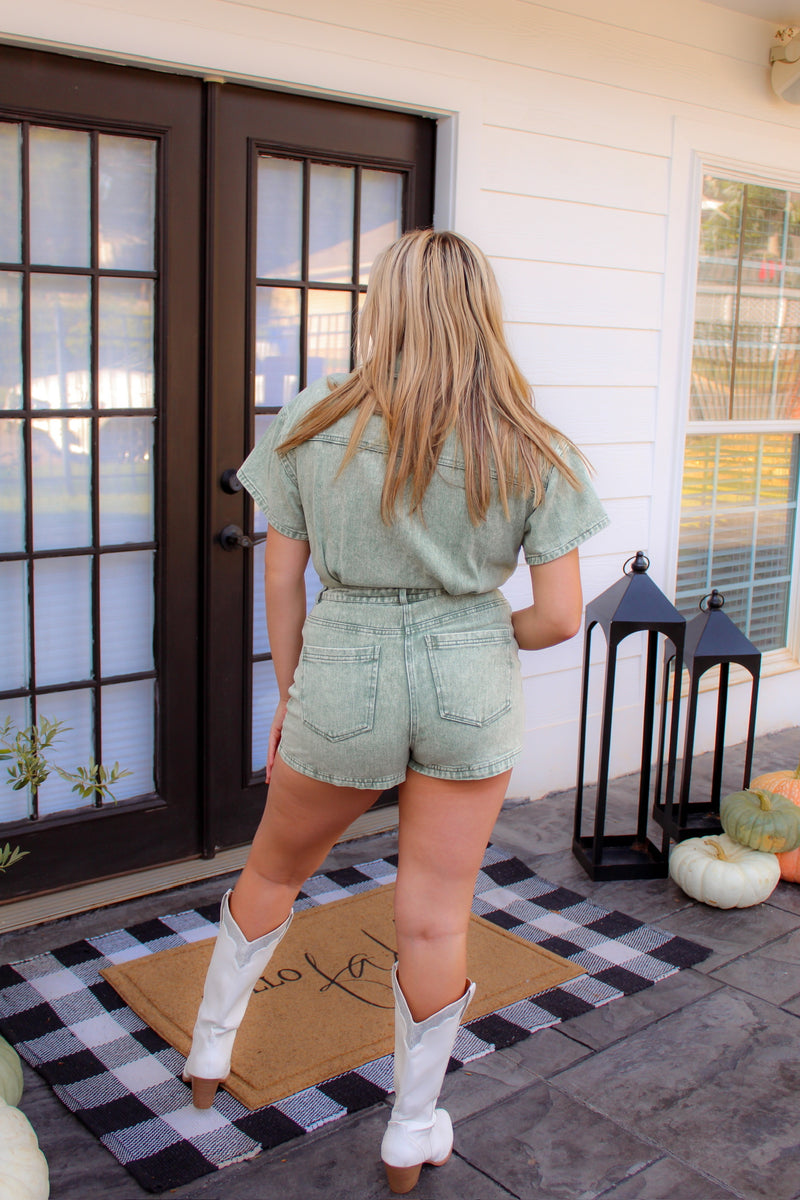 Green Acid Wash Short Sleeve Denim Romper