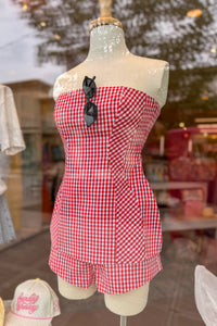 Gingham Tube Top and Shorts Set - Red