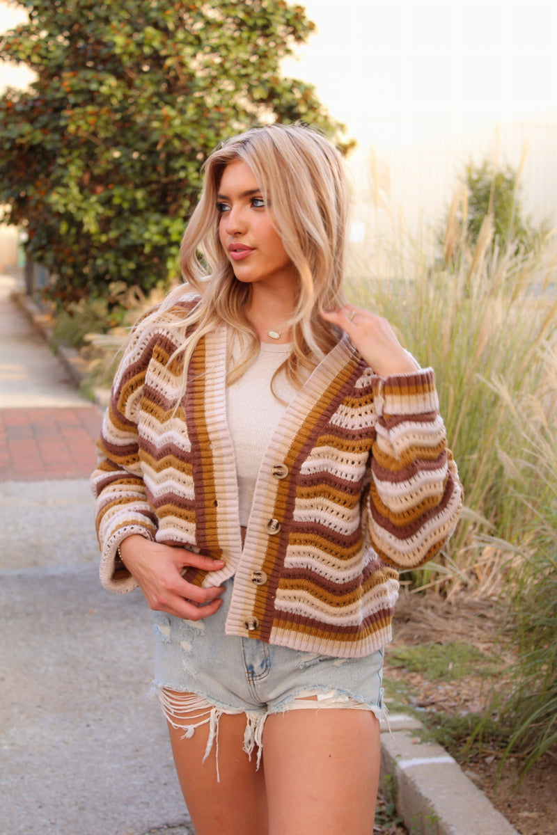Brown Striped Button Down Cardigan
