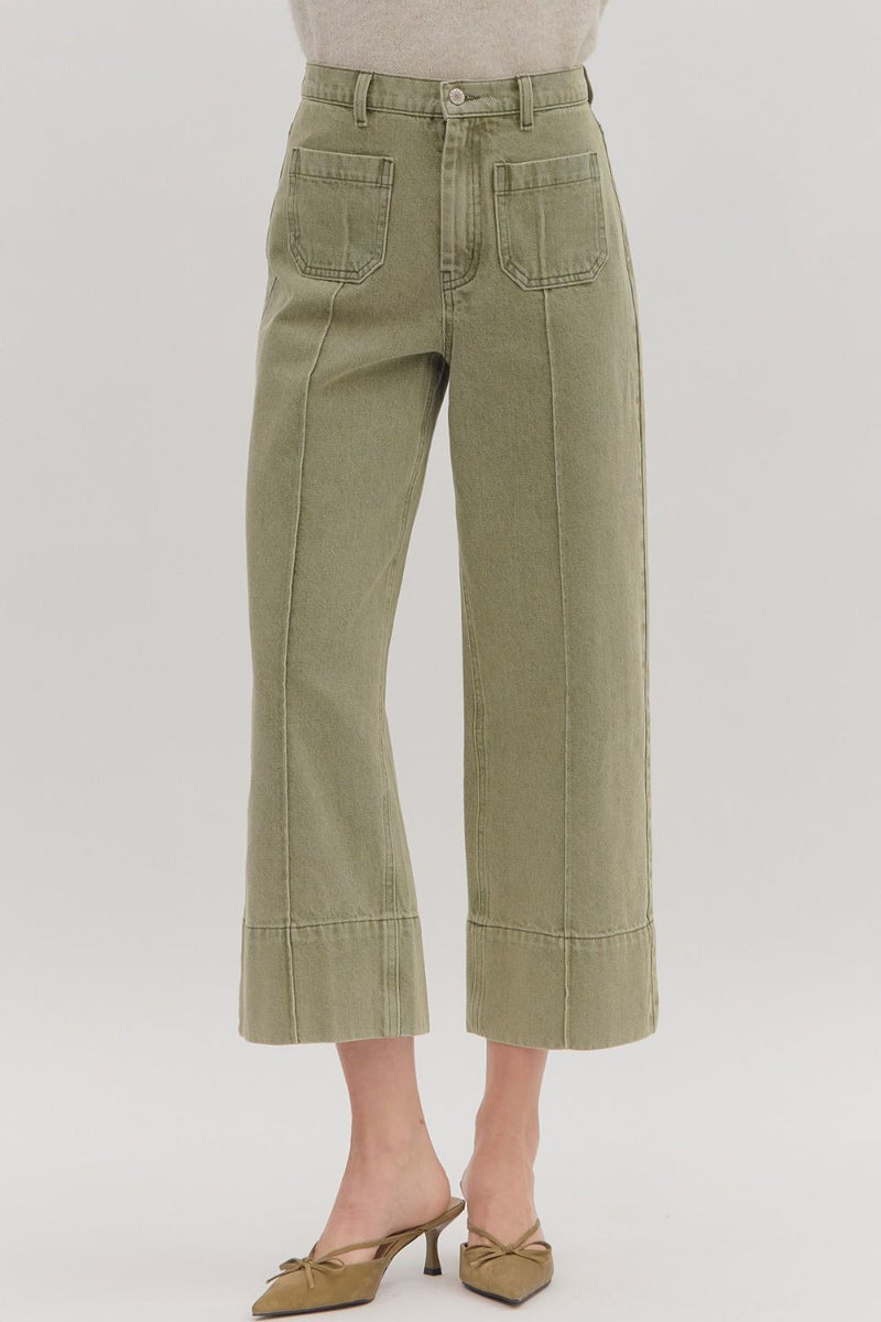 Olive Green Front Pocket Straight Leg Jeans