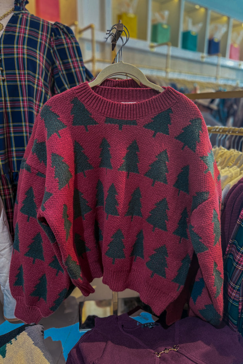 Burgundy Christmas Tree Pattern Sweater