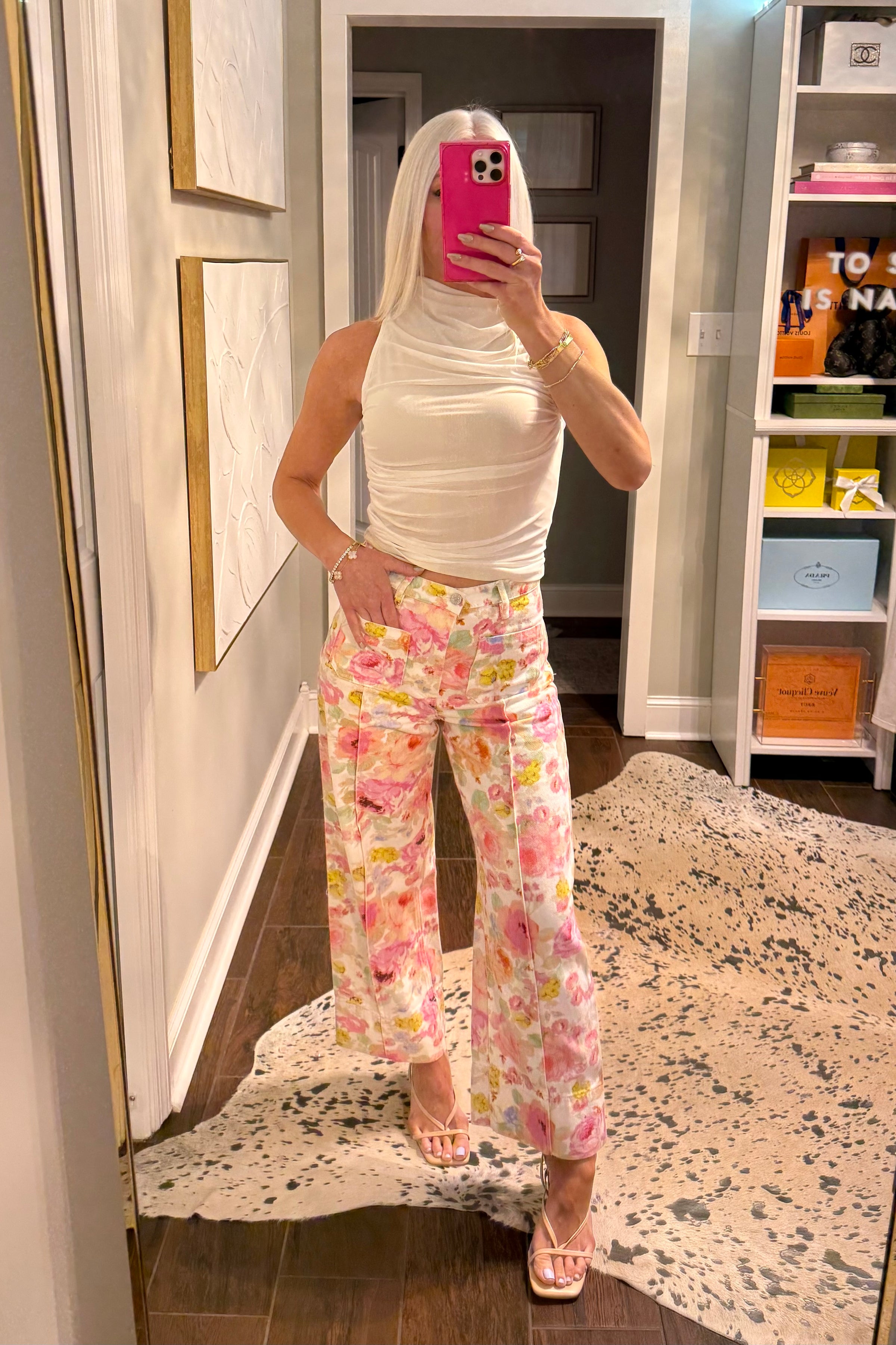 Floral Print Front Pocket Wide Leg Jeans