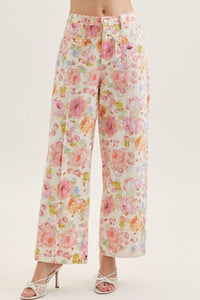 Floral Print Front Pocket Wide Leg Jeans