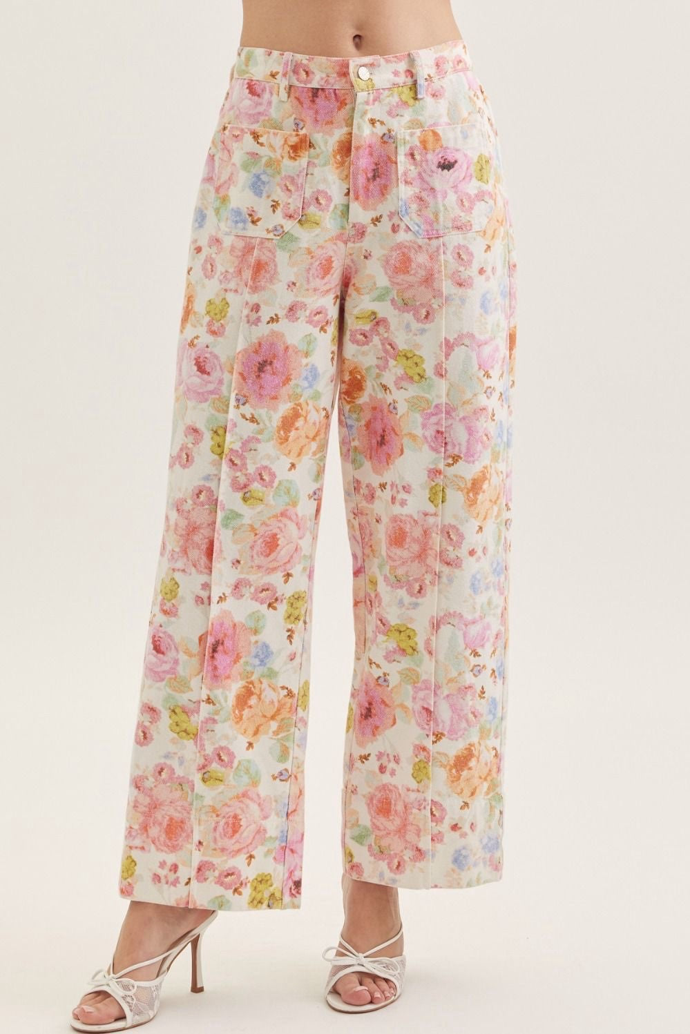Floral Print Front Pocket Wide Leg Jeans