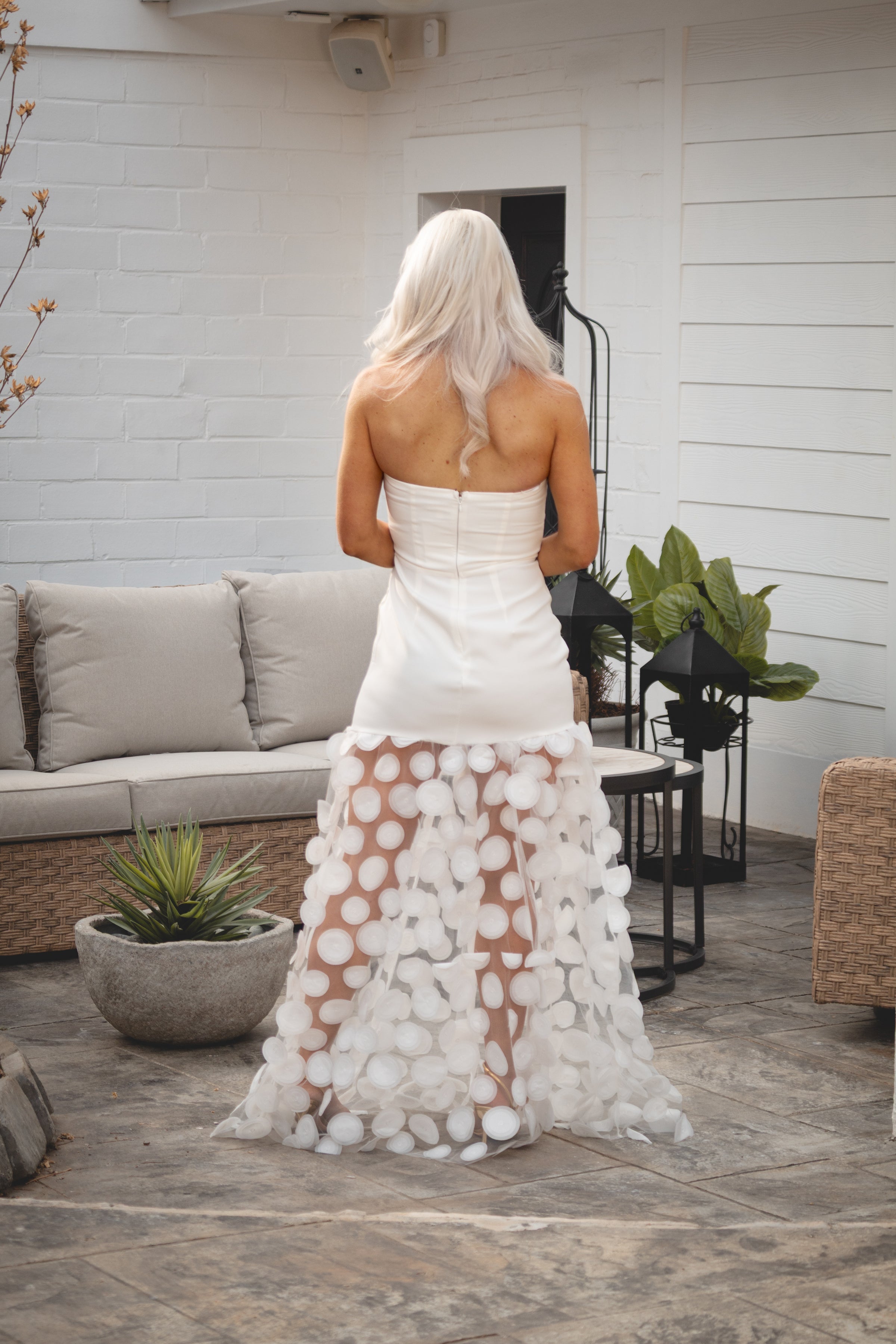 White Maxi Dress With Sheer Hem and Circle Appliqué Detail - Kendry Collection Boutique