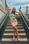 Multi Color Floral Jacquard Cut Out Rosette Mini Dress