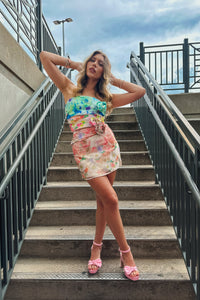 Multi Color Floral Jacquard Cut Out Rosette Mini Dress