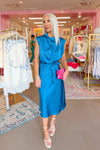 Blue Cowl Neck Satin Midi Dress