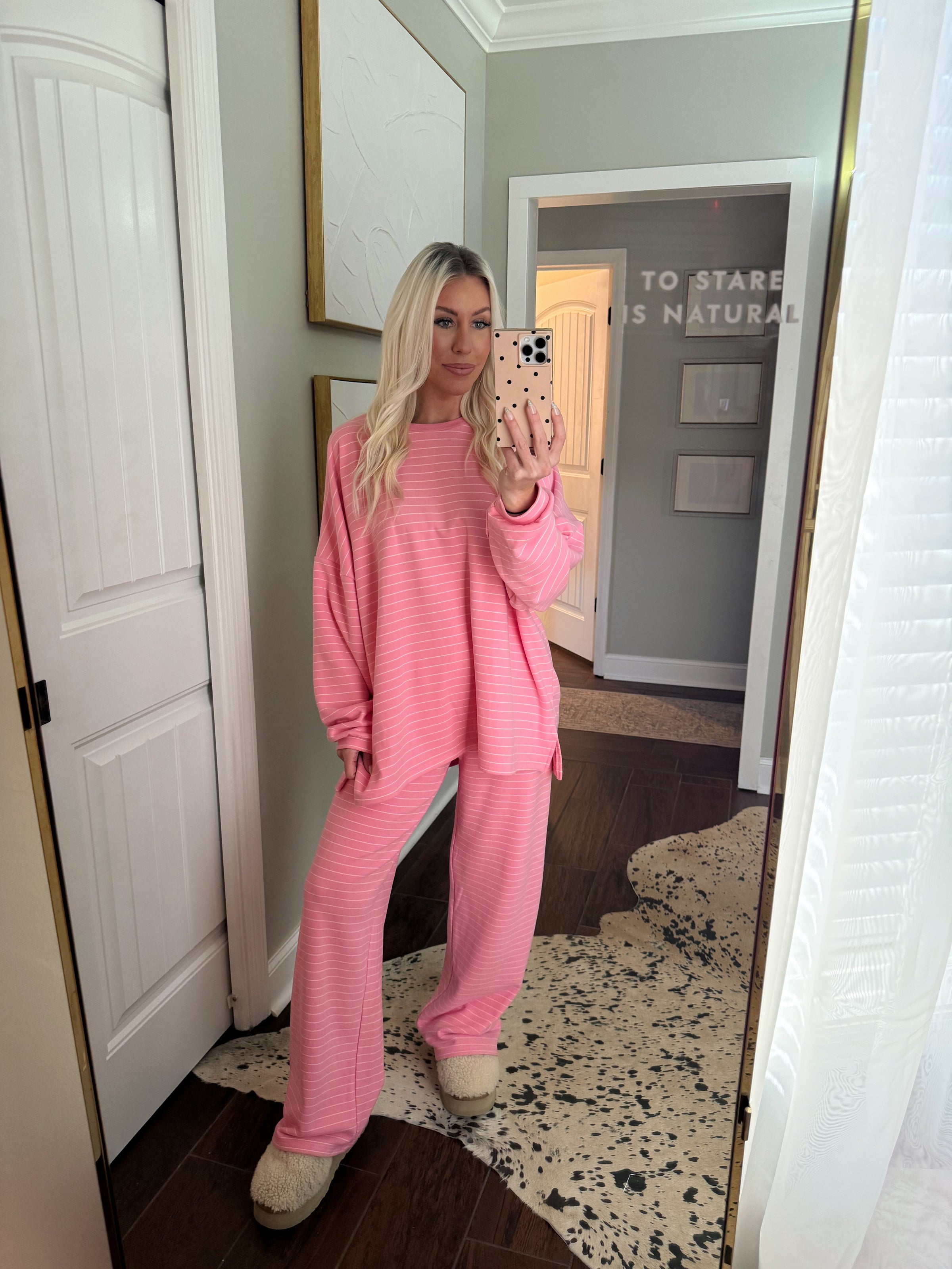 Pink White Striped Top and Pants Set