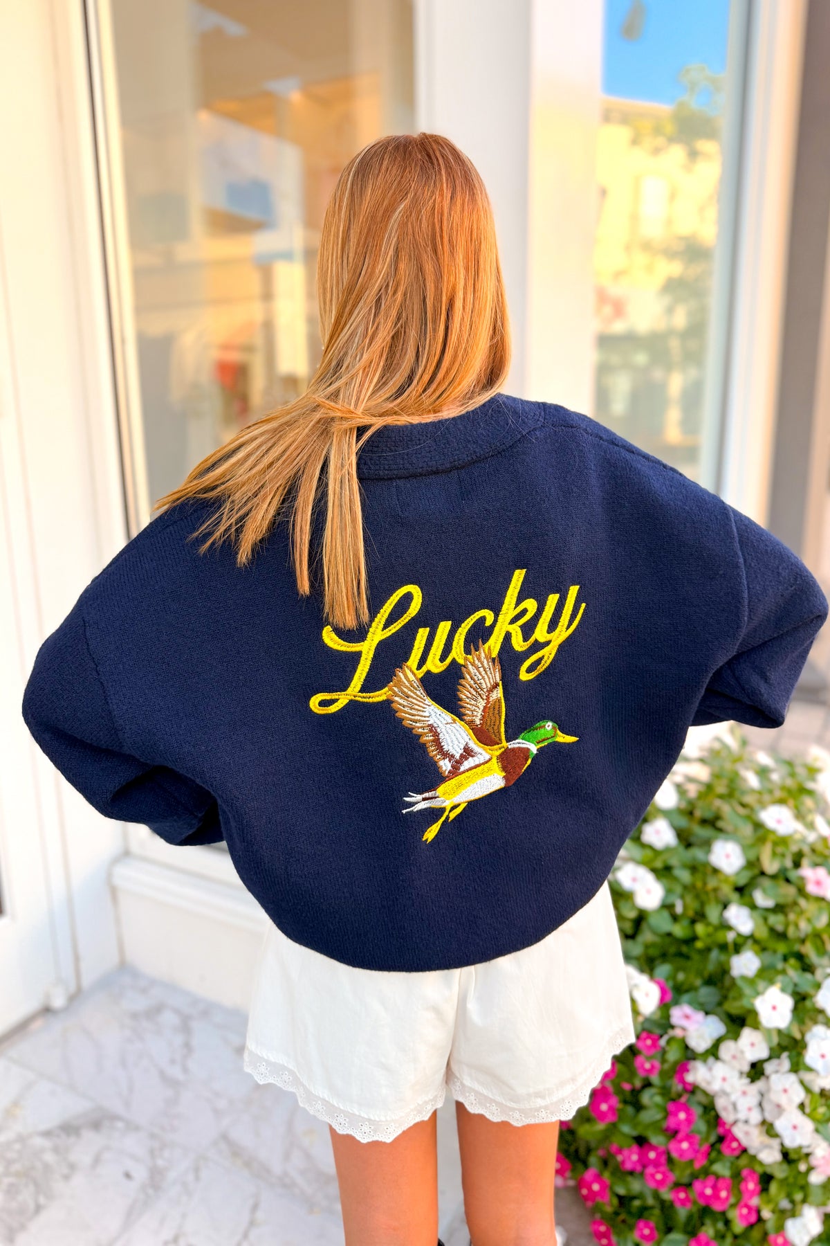 Lucky Duck Mallard Embroidered Navy Knit Cardigan