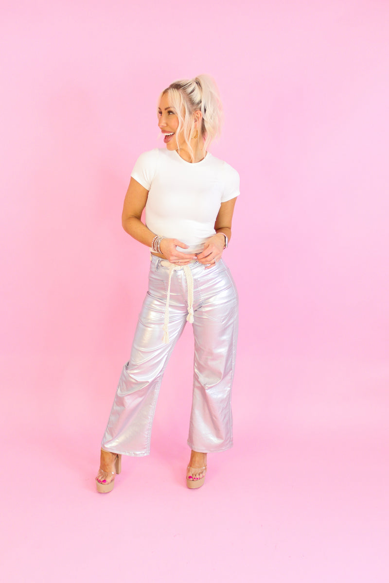 Metallic Silver Barrel Bag Jeans