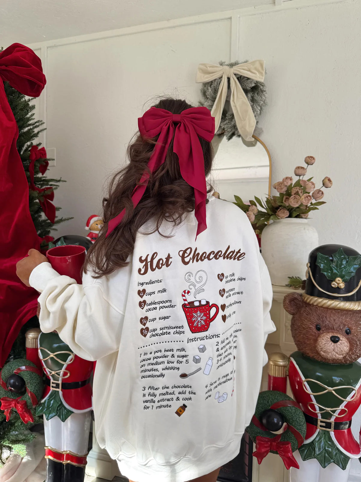 Cream Embroidered Hot Chocolate Recipe Sweatshirt